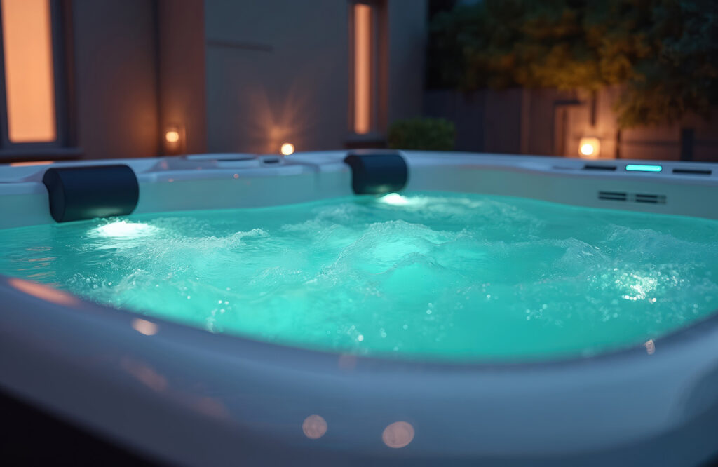 A glowing hot tub with bubbling water is illuminated by blue lights at night. The scene is outdoors, with nearby buildings and soft garden lights creating a cozy and relaxing atmosphere.