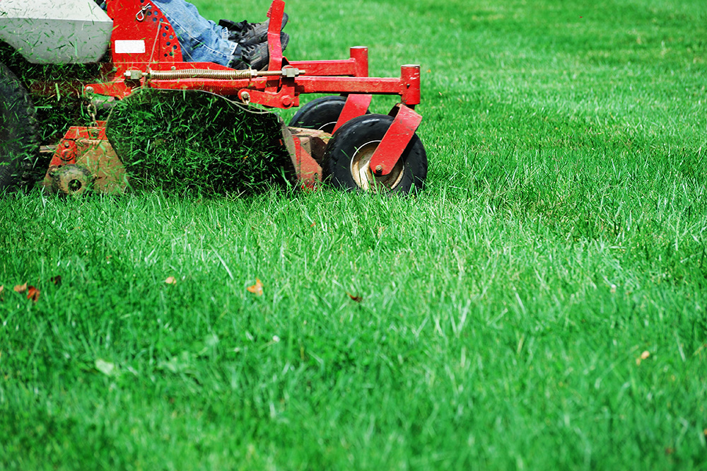 A person rides a red lawn mower, cutting green grass on a lawn. Only the lower part of the mower and the person’s legs in jeans and boots are visible. Grass clippings are being expelled from the mower.